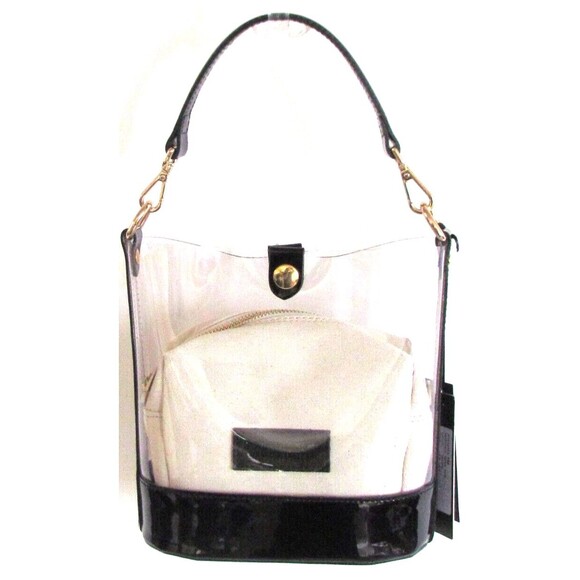 DESIGNERI NNUE' BLACK PATENT LEATHER /TRANSPARENT POUCH BUCKET SMALL BAG - Picture 1 of 14